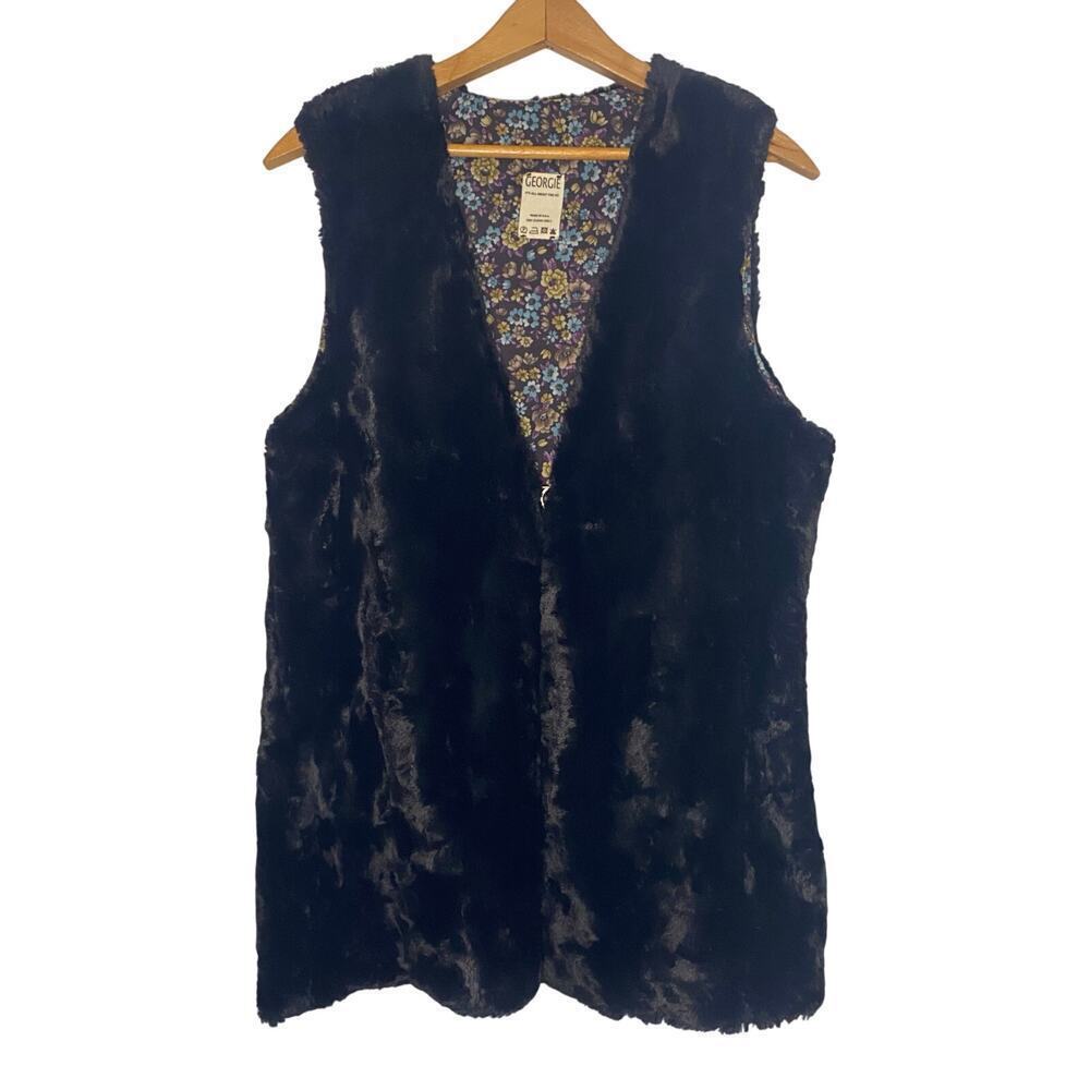 Georgie Vest Soft Faux Fur Open Black Old Money Layer Academic Size 8 Boho Punk